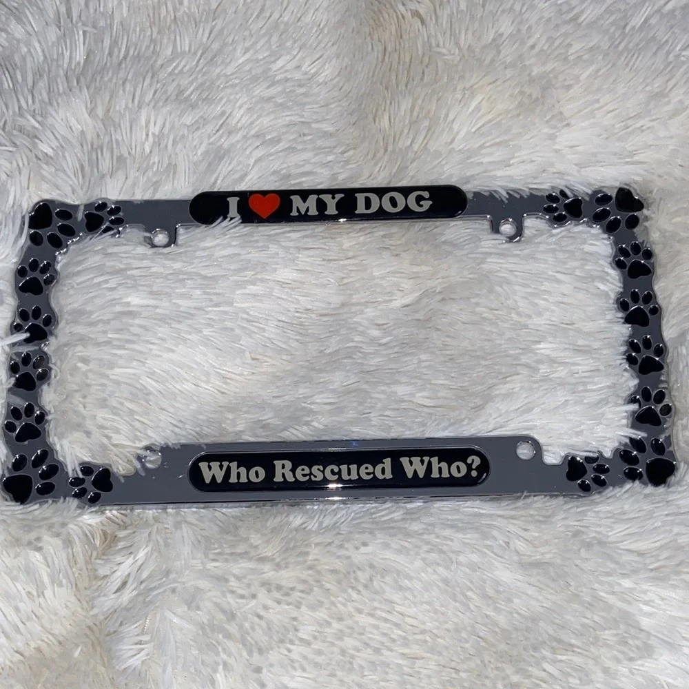 License plate frame, “I ❤️ My Dog” chrome plated finish decorative paw print.